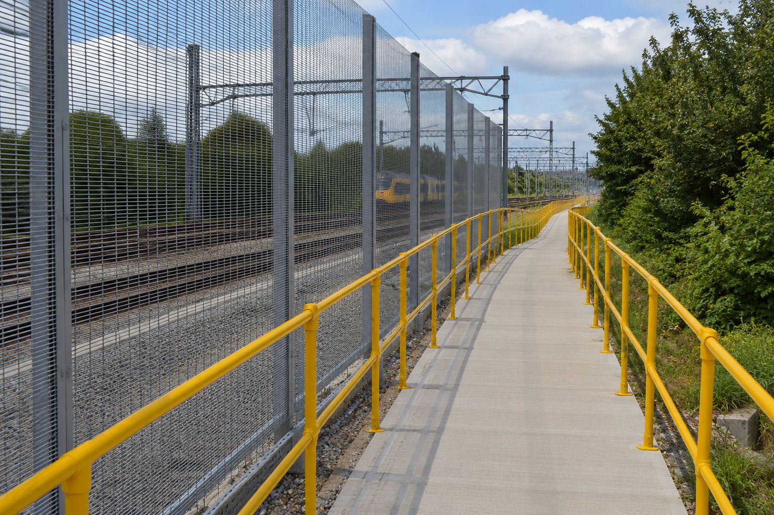 Industrial tubular guardrail installation beside railway infrastructure